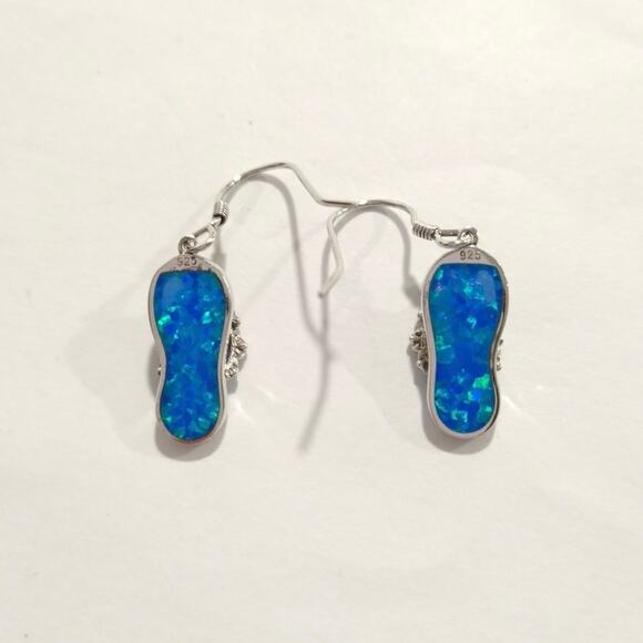 925 Sterling Silver Flip Flop Flower Dangle Drop Earrings Blue Opal Inlay Beach - Picture 4 of 7
